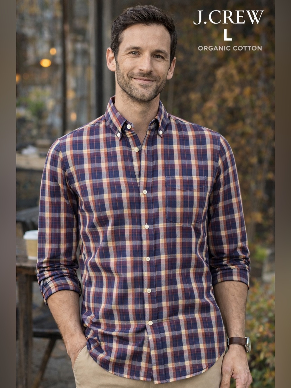 J.Crew Shirt Men slim untuck sz  LG Plaid Organic Cotton Preppy Casual red blue